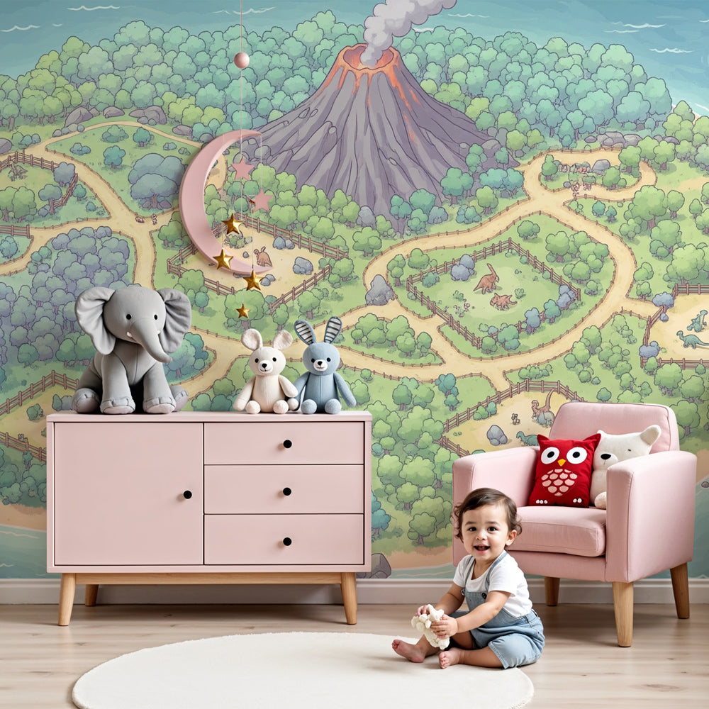 Dinosaur island mural wallpaper with volcano creating prehistoric nursery decor by Kids-Mundo