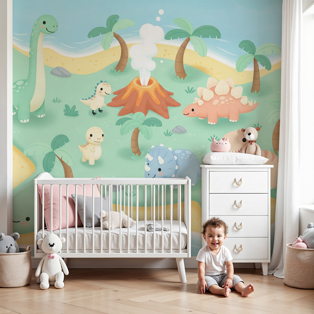 Dinosaur island mural wallpaper creating prehistoric adventure nursery decor by Kids-Mundo