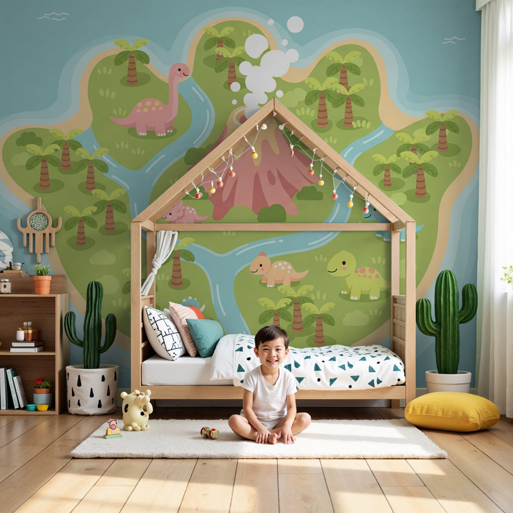 Dinosaur island mural wallpaper with volcano creating prehistoric adventure nursery by Kids-Mundo