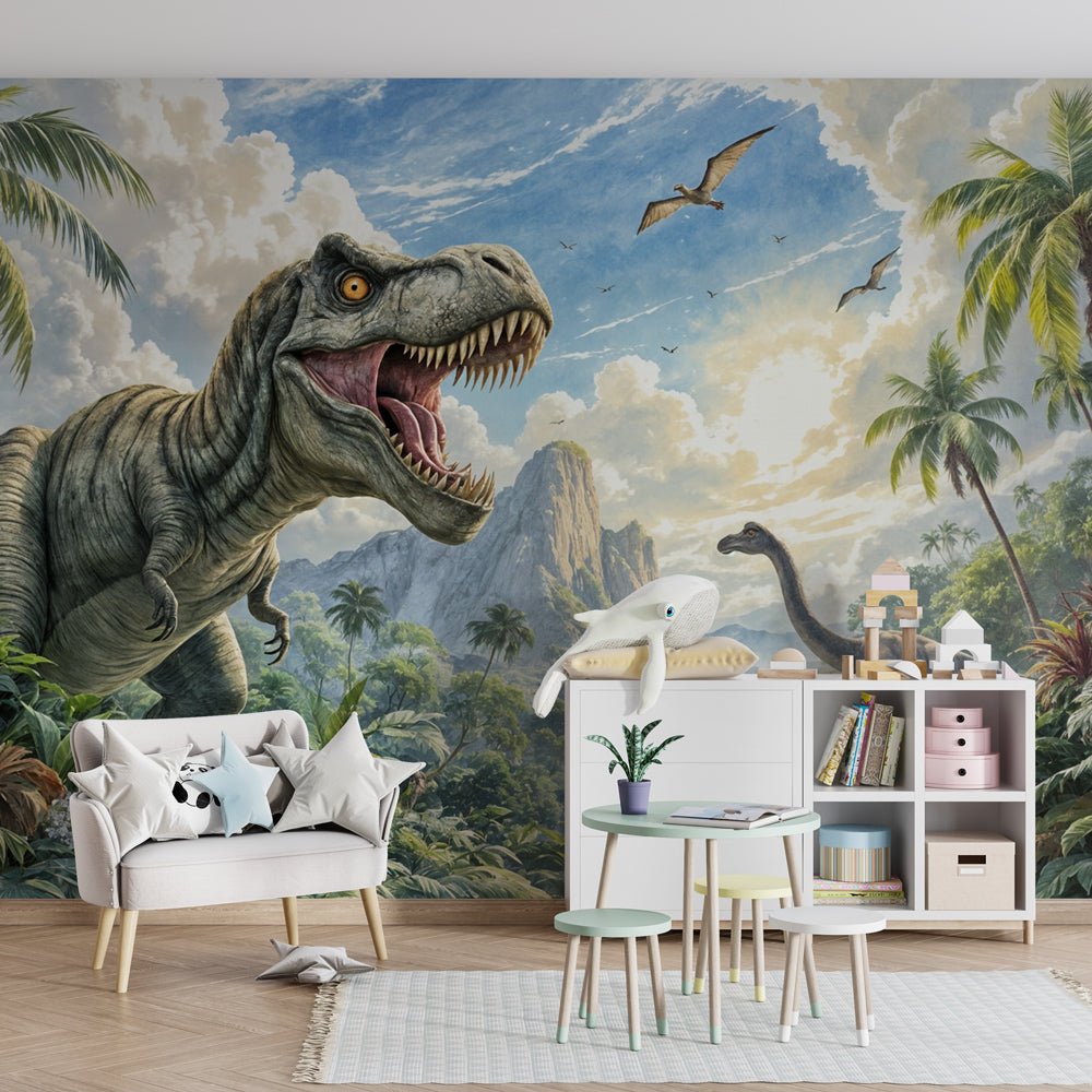 Prehistoric adventure wallpaper creating immersive kids bedroom with jungle theme