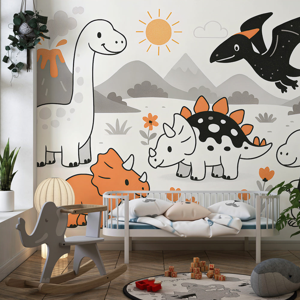 Colorful dinosaur wallpaper with T-Rex and Triceratops decorating children's bedroom wall