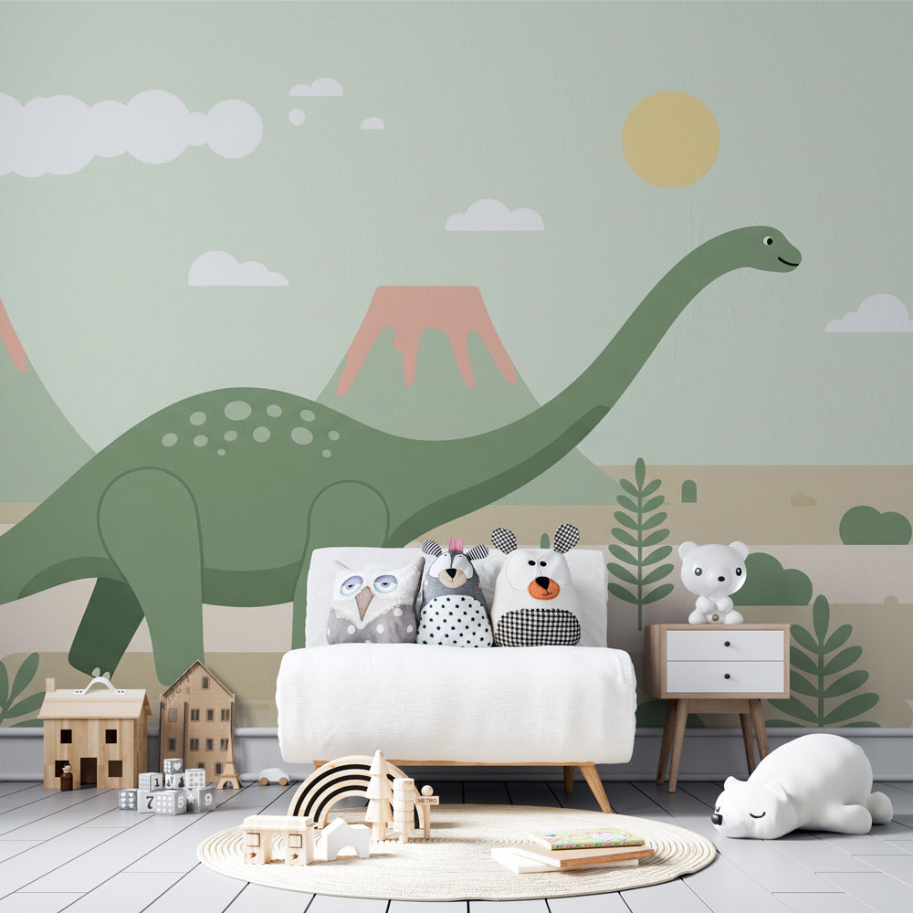 Friendly dinosaur wallpaper transforming children's bedroom with volcanic landscape design