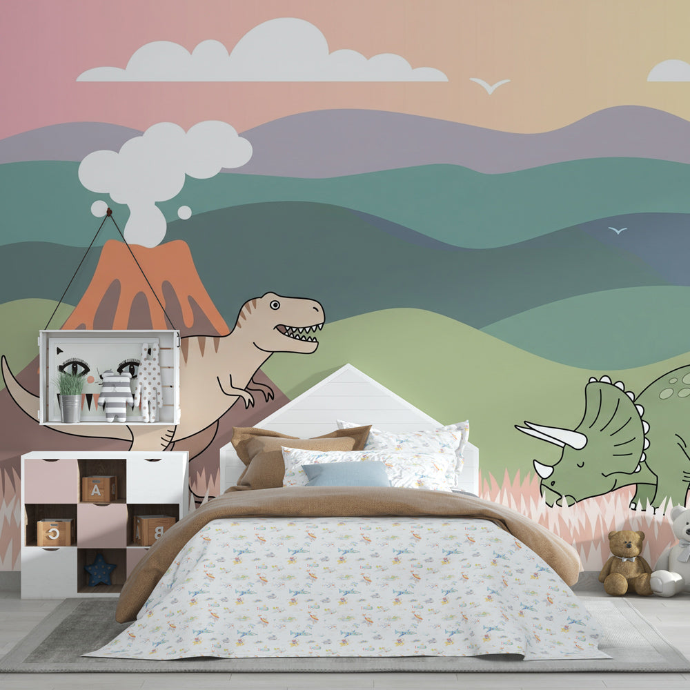Prehistoric adventure wallpaper creating magical kids bedroom atmosphere with volcano landscape