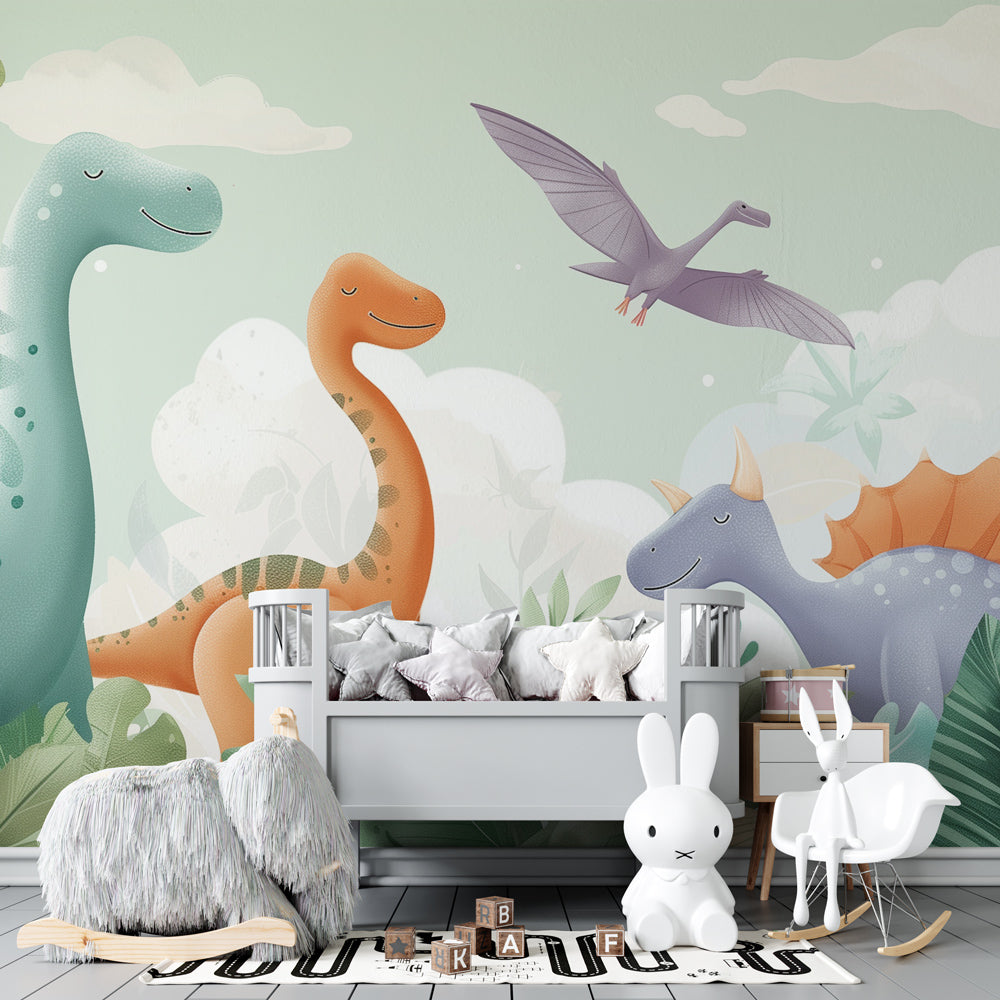 Lush green dinosaur wallpaper transforming children's bedroom into peaceful prehistoric world