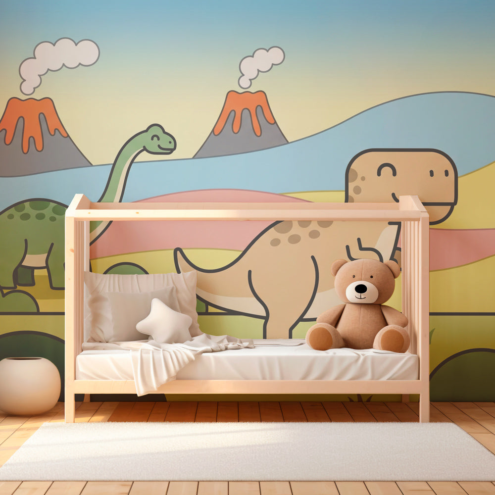 Happy dinosaur wallpaper creating prehistoric adventure theme in children's bedroom interior