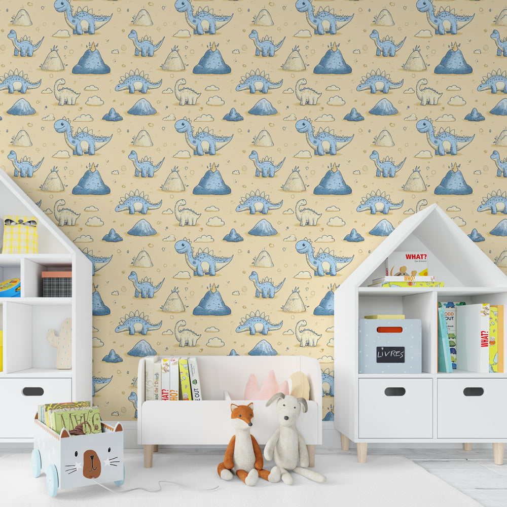 Pastel dinosaur wallpaper with blue dinos and mountains decorating children's bedroom space