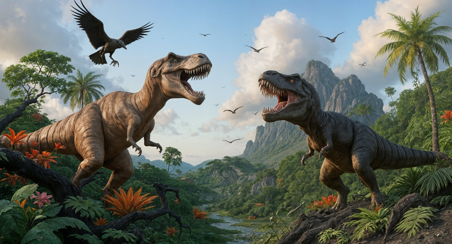 Detailed T-Rex dinosaur mural wallpaper design pattern with tropical Jurassic landscape by Kids-Mundo