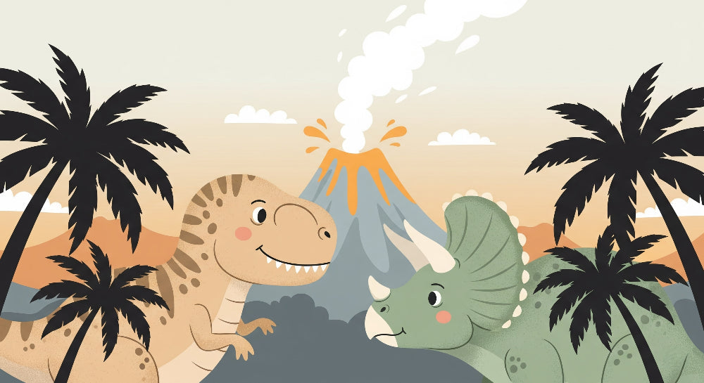 Detailed happy T-Rex dinosaur mural wallpaper design pattern with volcano and tropical landscape by Kids-Mundo