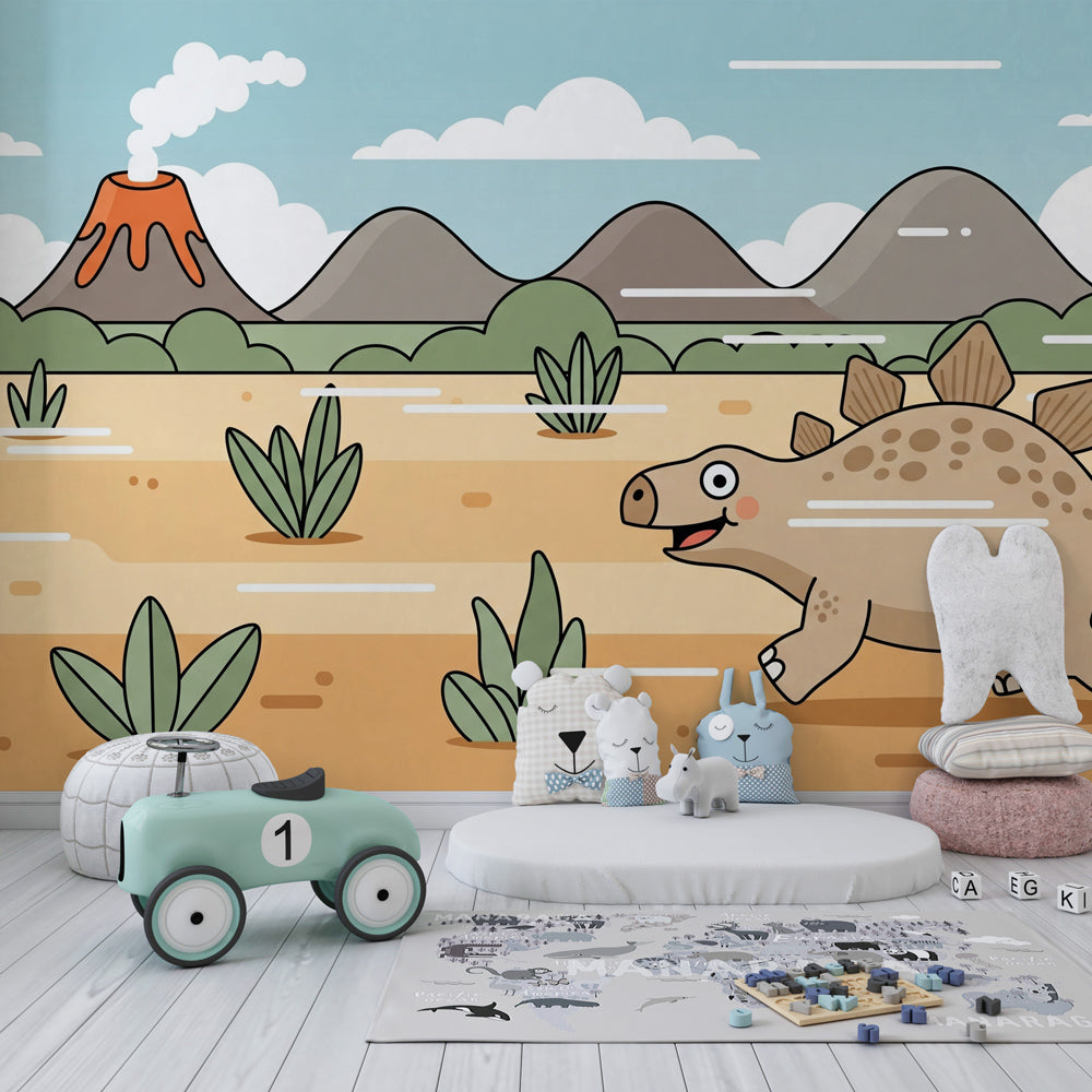 Prehistoric landscape dinosaur wallpaper creating adventurous kids bedroom decor