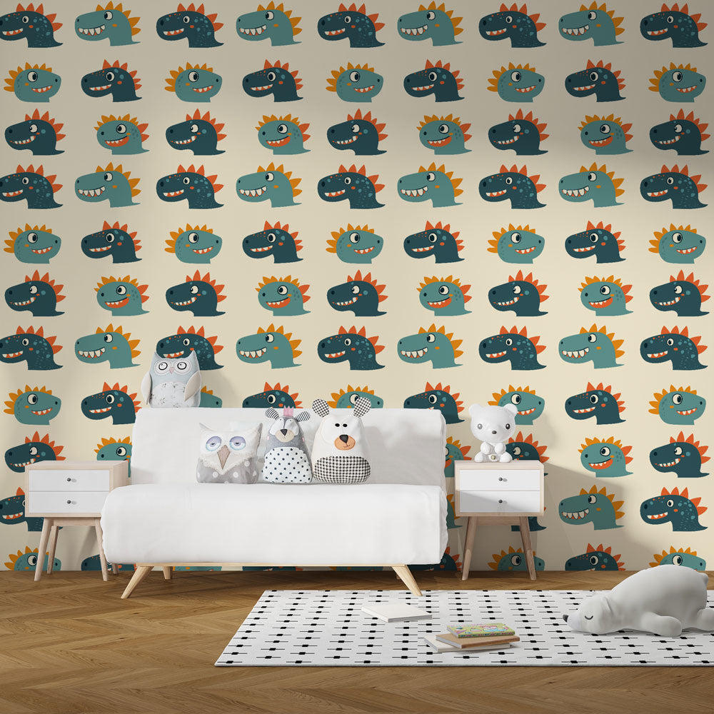 Prehistoric animal wallpaper creating playful atmosphere in children's bedroom decor