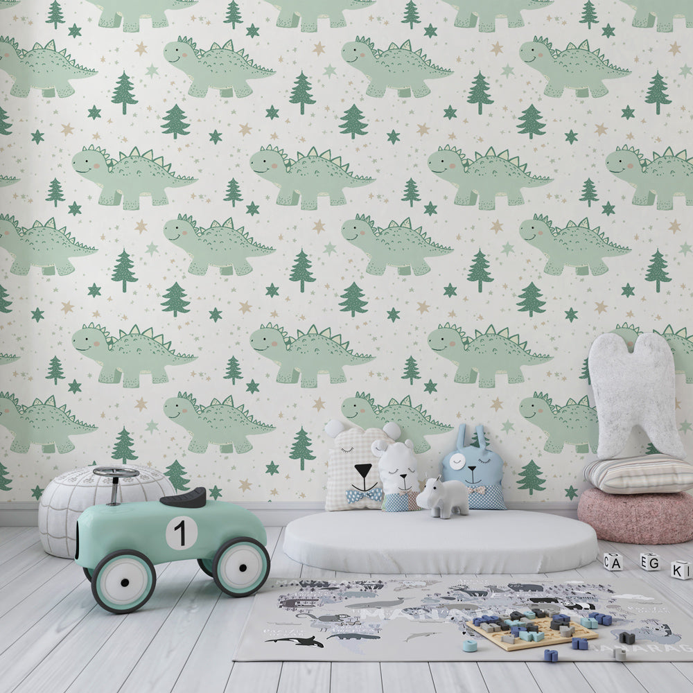 Green dinosaur and trees wallpaper creating playful children's bedroom decor