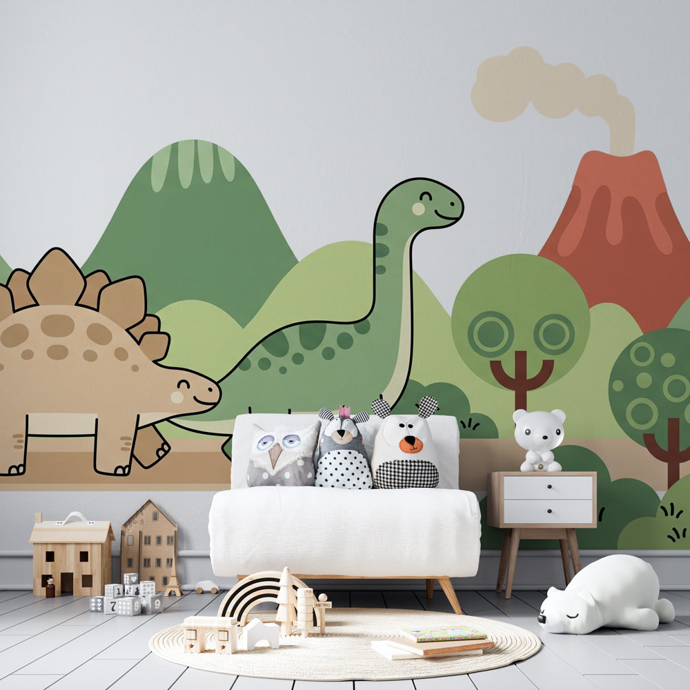 Prehistoric dinosaur wallpaper creating magical children's bedroom decor with gentle colors