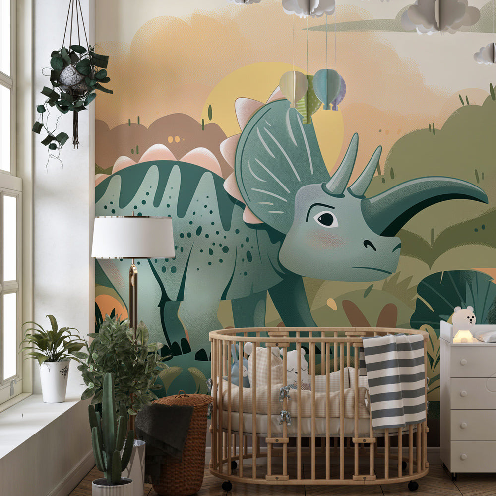 Friendly Triceratops wallpaper creating magical jungle atmosphere in modern kids nursery