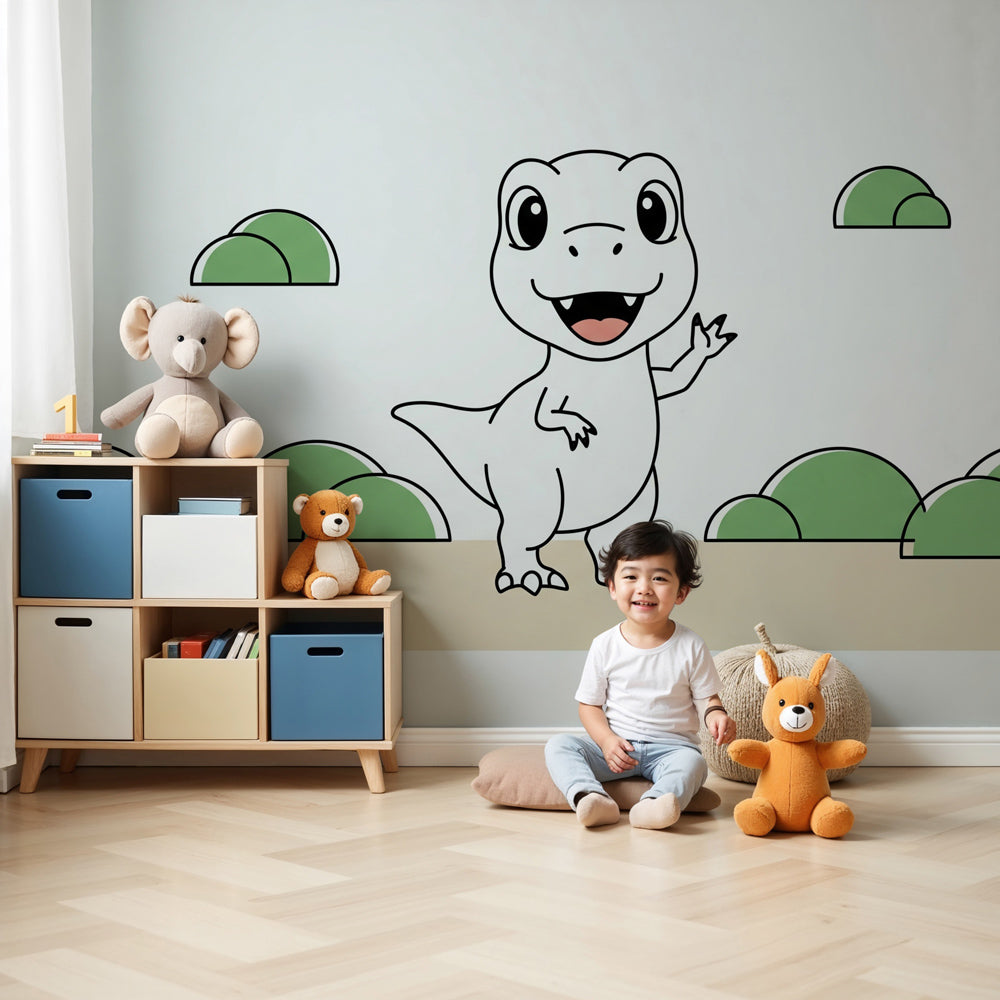 Cute dinosaur mural wallpaper creating playful nursery decor with friendly dino character by Kids-Mundo