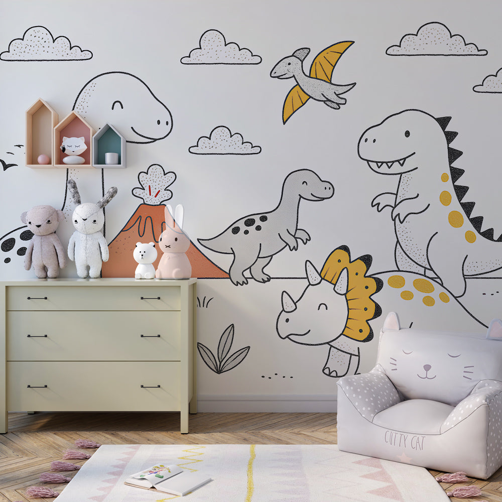 Prehistoric dinosaur wallpaper creating educational nursery decor with friendly T-rex and volcano scene