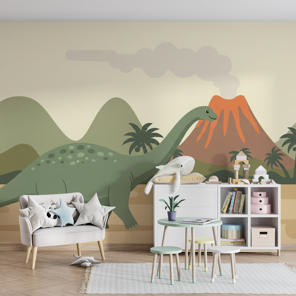 Prehistoric dinosaur wallpaper creating educational nursery atmosphere with gentle brontosaurus