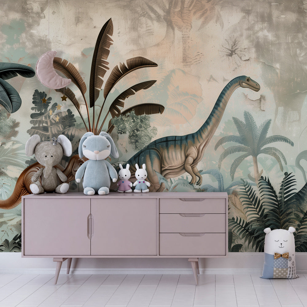 Prehistoric jungle dinosaur wallpaper transforming nursery into educational play space