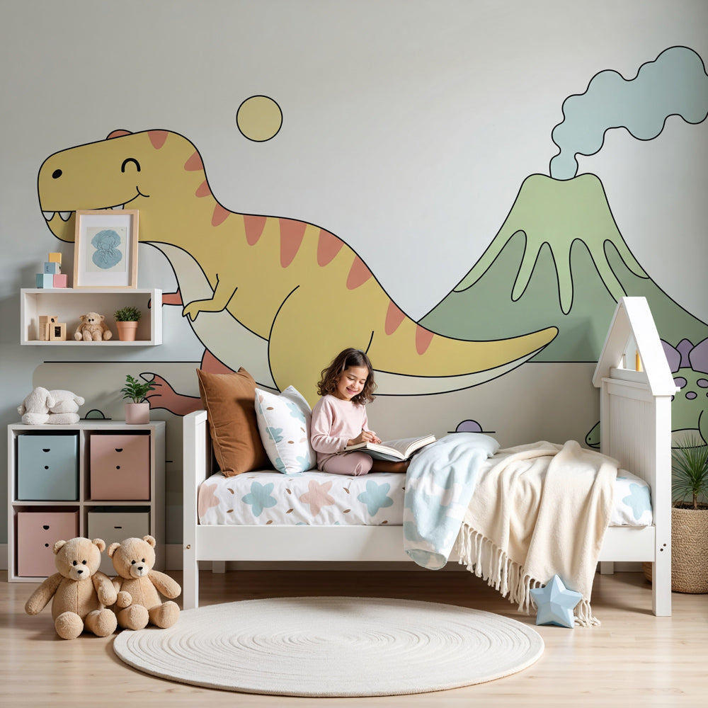 Colorful dinosaur mural wallpaper featuring T-Rex and Stegosaurus in modern nursery by Kids-Mundo