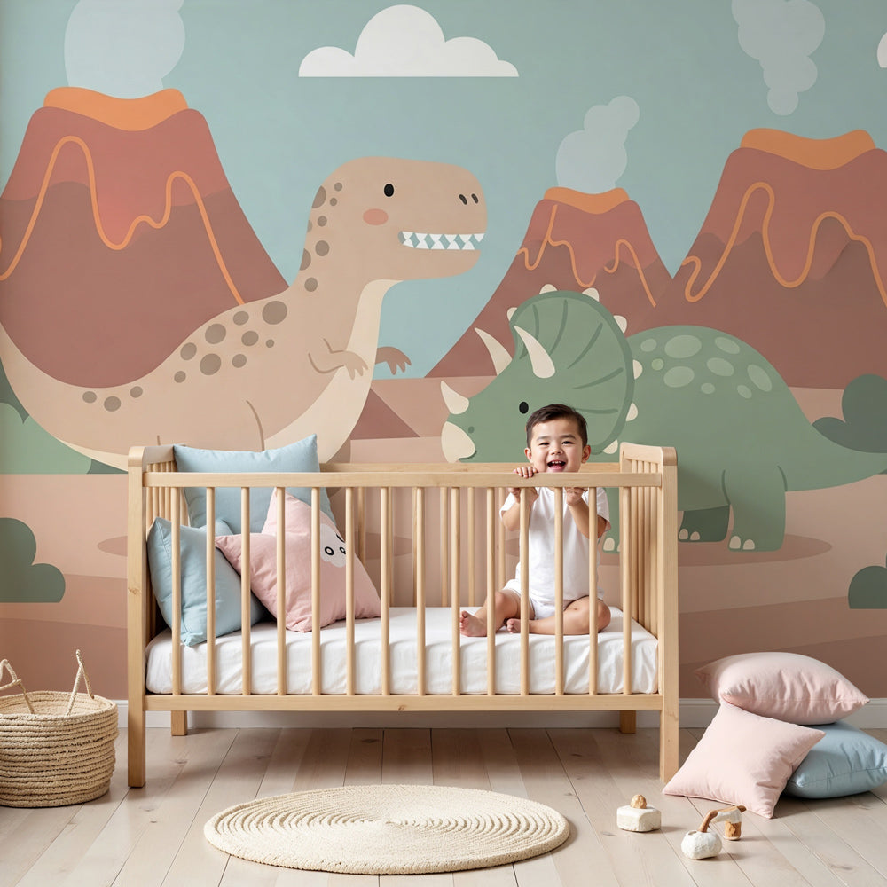 Dinosaur mural wallpaper with T-Rex and Triceratops in modern nursery by Kids-Mundo