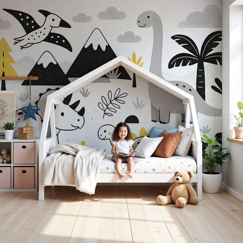 Dinosaur mural wallpaper in modern nursery with friendly prehistoric creatures by Kids-Mundo