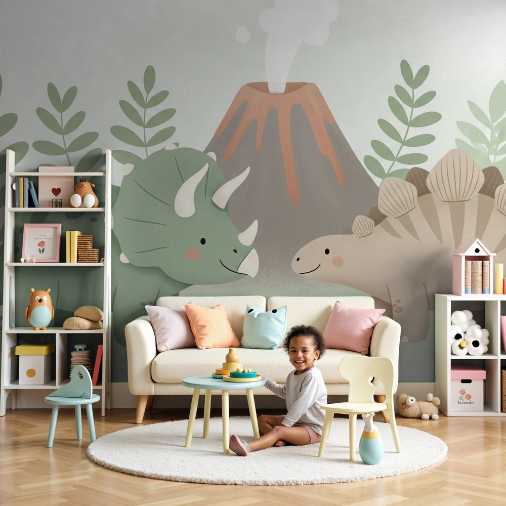 Dinosaur mural wallpaper with Triceratops and volcano in modern nursery by Kids-Mundo