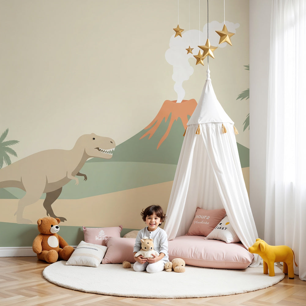Dinosaur mural wallpaper with T-Rex and volcano creating adventurous nursery decor by Kids-Mundo