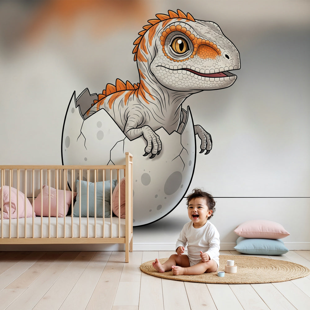 Baby dinosaur hatching mural wallpaper in modern nursery room setting by Kids-Mundo