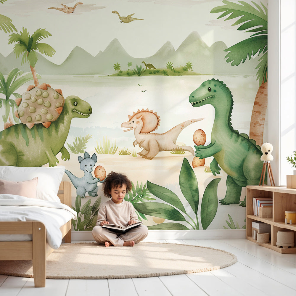 Friendly dinosaur mural wallpaper creating prehistoric jungle atmosphere in modern nursery by Kids-Mundo