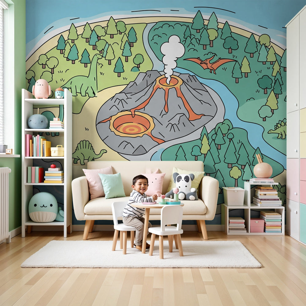 Dinosaur prehistoric adventure mural wallpaper in modern kids nursery room by Kids-Mundo