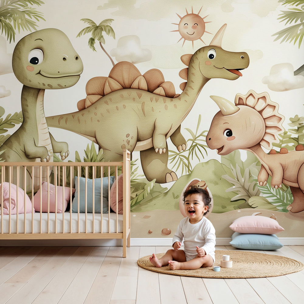 Cute dinosaur jungle mural wallpaper in modern nursery room setting by Kids-Mundo