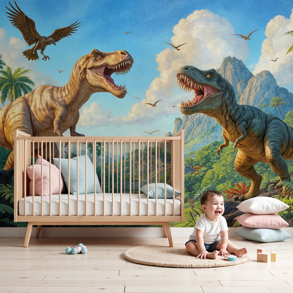 Dinosaur mural wallpaper in modern kids bedroom creating prehistoric adventure atmosphere by Kids-Mundo