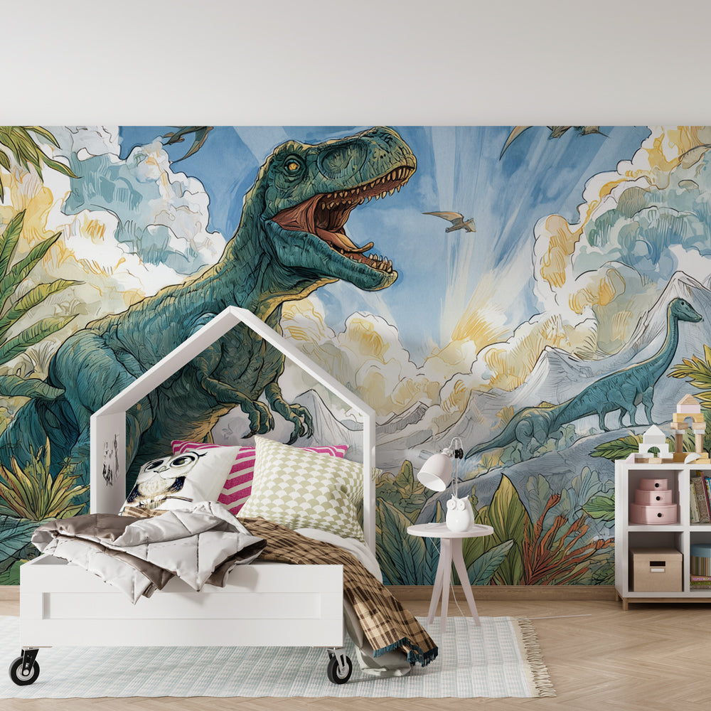 Prehistoric adventure wallpaper creating vibrant playroom decor with jungle dinosaurs