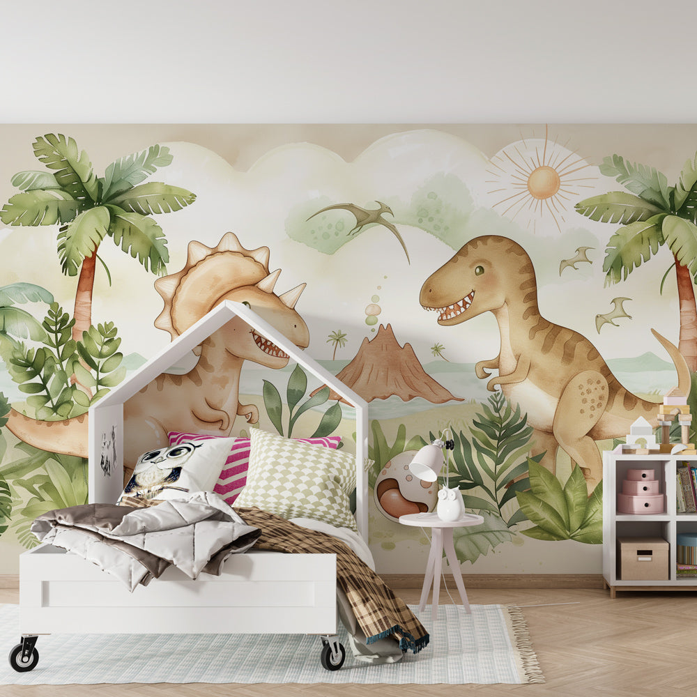 Playful dinosaur jungle wallpaper transforming children's playroom into prehistoric paradise
