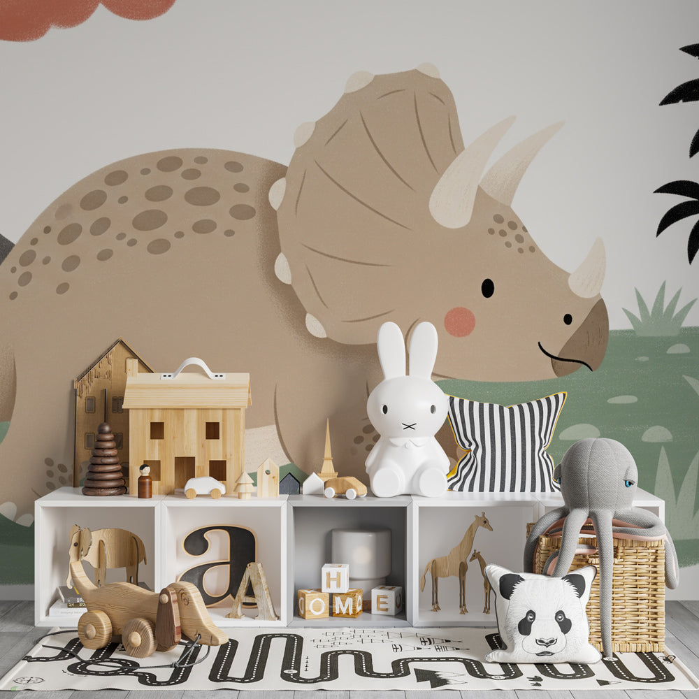 Dinosaur mural wallpaper creating adventurous kids bedroom with triceratops and volcano backdrop