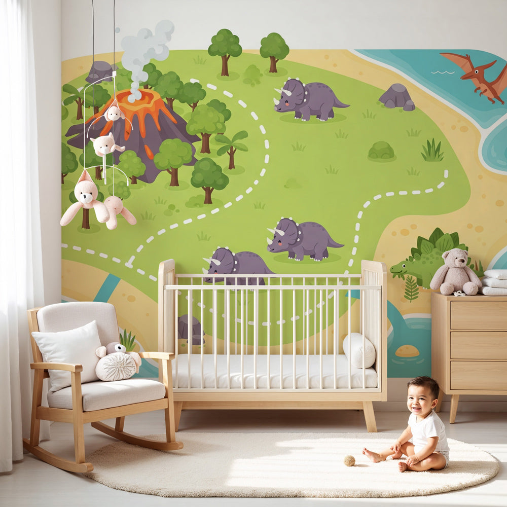 Dinosaur mural wallpaper in modern kids bedroom with prehistoric island theme by Kids-Mundo
