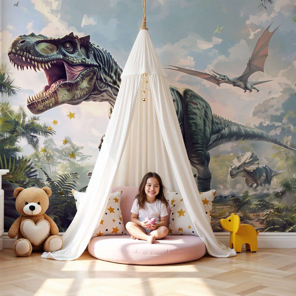 T-Rex dinosaur mural wallpaper in modern children's bedroom creating prehistoric jungle atmosphere by Kids-Mundo