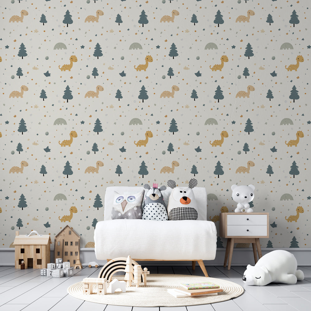 Friendly dinosaur wallpaper creating prehistoric adventure theme in children's bedroom
