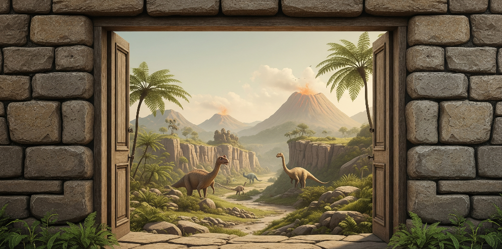 Dinosaur Valley Through a Stone Doorway Wall Mural