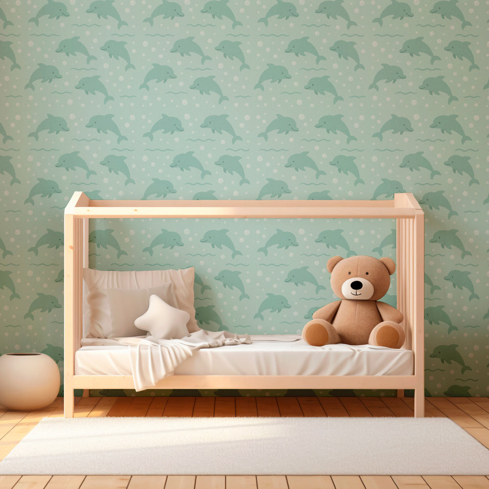Ocean theme dolphin wallpaper transforming modern children's bedroom into underwater paradise