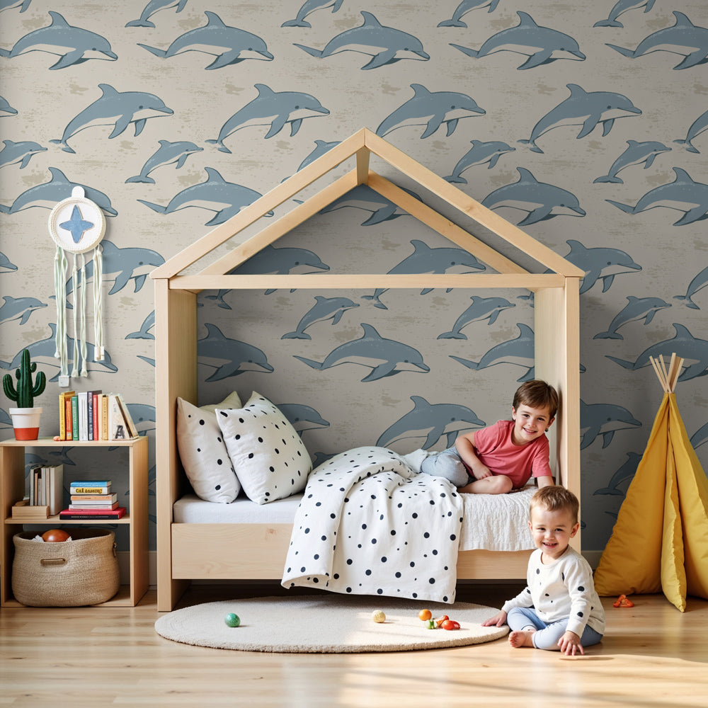 Dolphin mural wallpaper creating serene ocean atmosphere in modern kids bedroom by Kids-Mundo