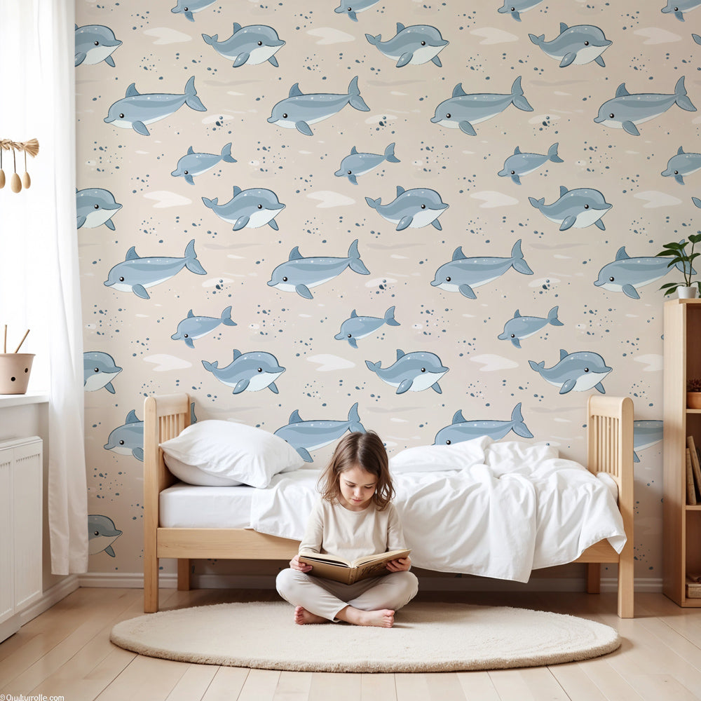 Dolphin mural wallpaper creating peaceful ocean atmosphere in modern nursery by Kids-Mundo