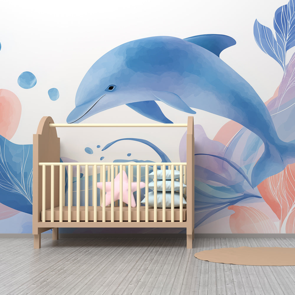 Pastel dolphin mural wallpaper transforming kids bedroom into underwater paradise by Kids-Mundo