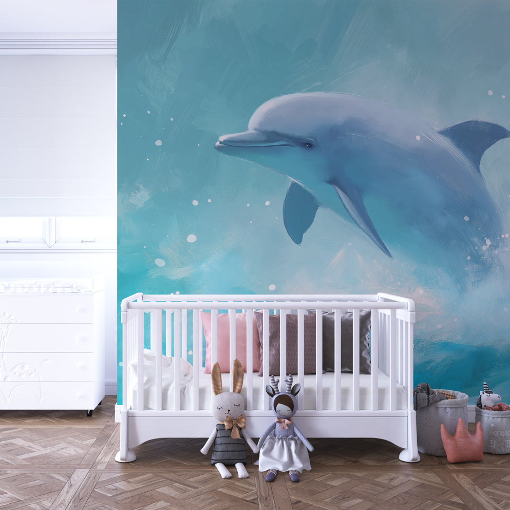 Playful dolphin mural wallpaper transforming children's bedroom into ocean paradise by Kids-Mundo
