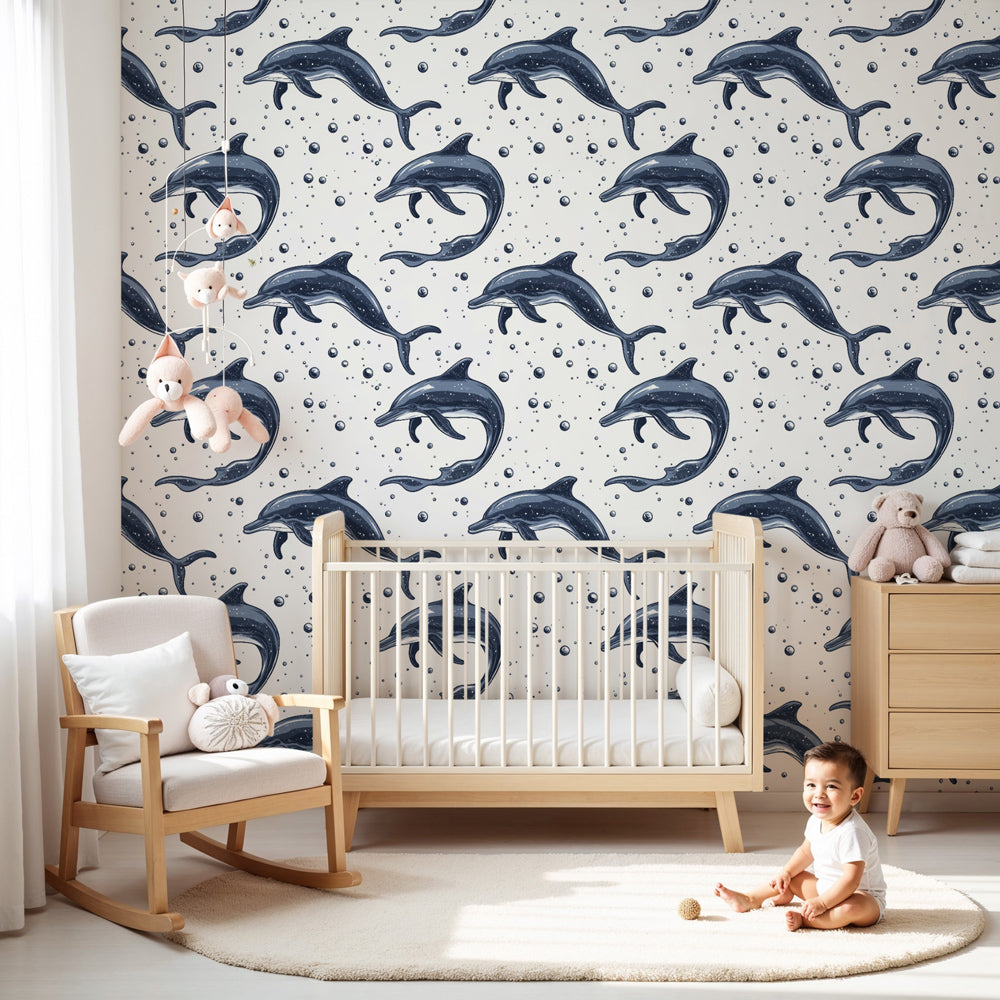 Dolphin ocean mural wallpaper creating magical underwater nursery decor by Kids-Mundo
