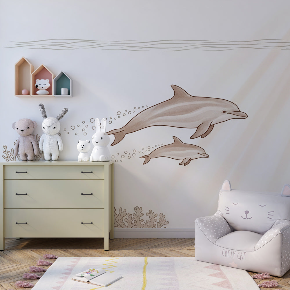 Swimming dolphins wallpaper transforming children's bedroom into underwater sanctuary