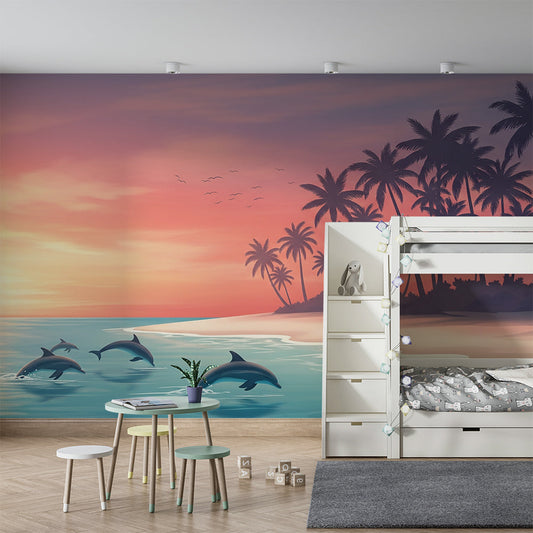 Kids-Mundo dolphin sunset wall mural as a feature wall in a coastal kids bedroom