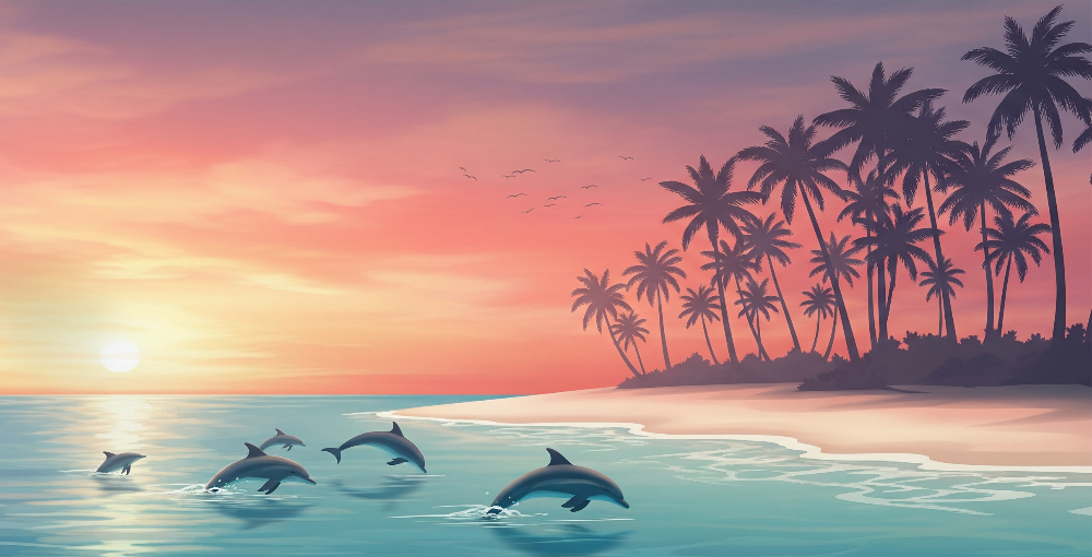 Leaping Dolphins at a Tropical Sunset Wall Mural