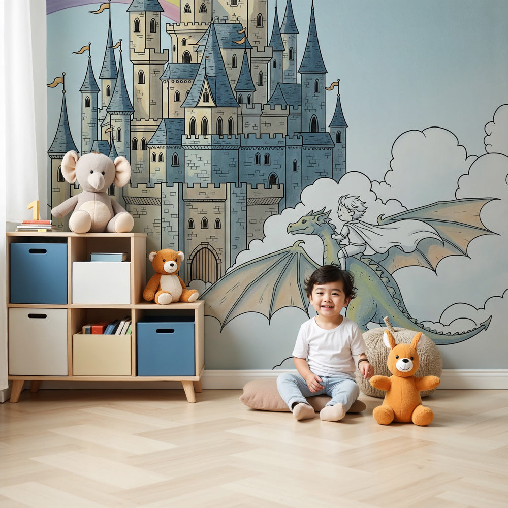 Dragon castle fantasy mural wallpaper in bright kids bedroom with white furniture by Kids-Mundo
