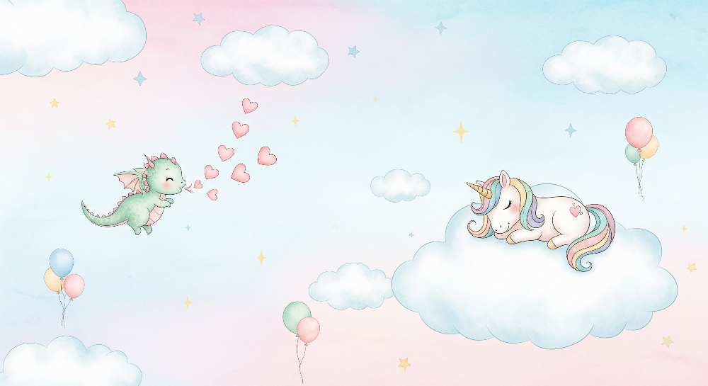 Dreamy Dragon and Sleeping Unicorn Wall Mural