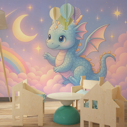 Dreamy dragon and rainbow mural wallpaper decorating cozy children's bedroom space